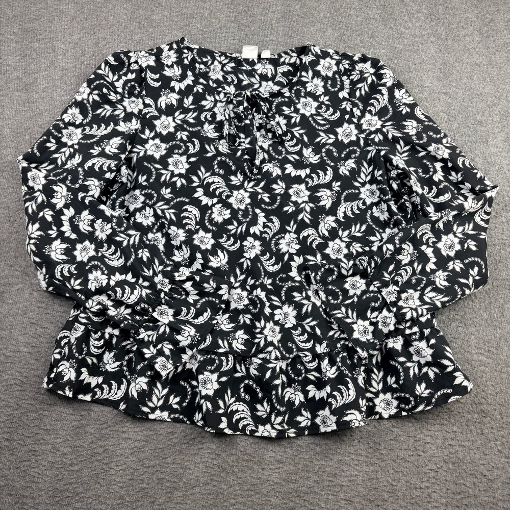 GAP Women's Floral Peplum Blouse Black White Tie Neck Long Sleeve Top‎ Small